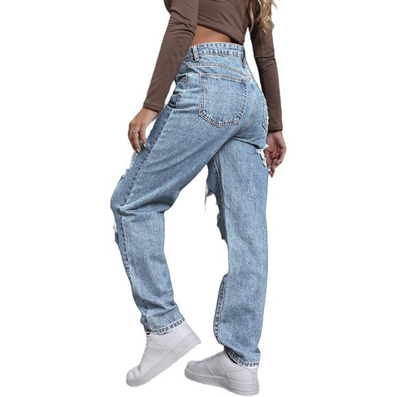 Women's Ripped High Waist Jeans Polyester Straight Leg Casual Y2K Pants - Picture 5 of 6